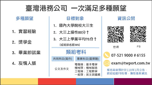 臺灣港務公司110年度獎學就業計畫正式開跑  提供實習、獎學金、就業機會  50萬年薪等著你