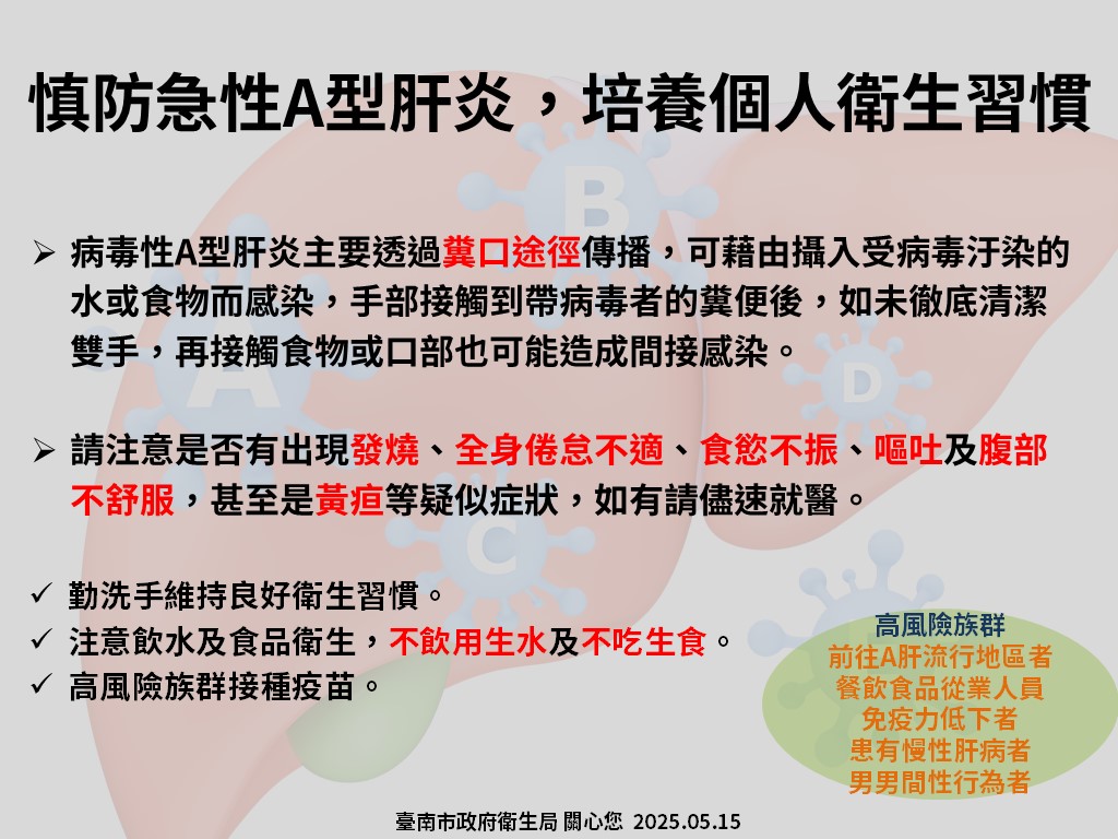 慎防急性A型肝炎！民眾應維持良好飲食及個人衛生習慣